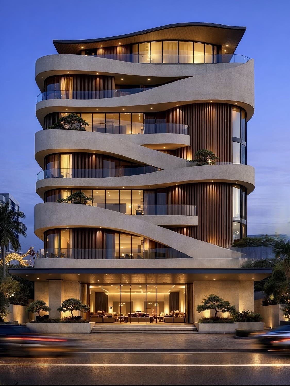 Duplex residence — sculptural double-height architecture at dusk