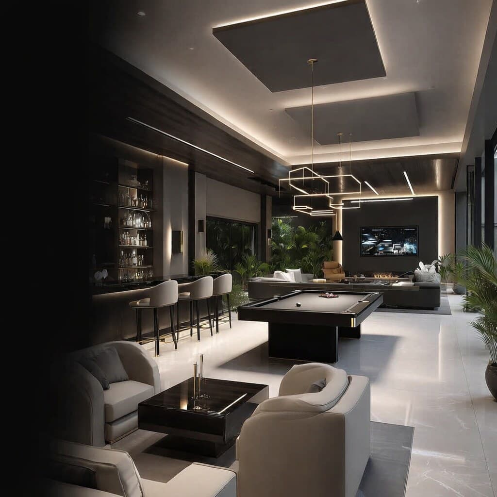 High-end Swiss interior fit-out — lounge with bar and billiard room